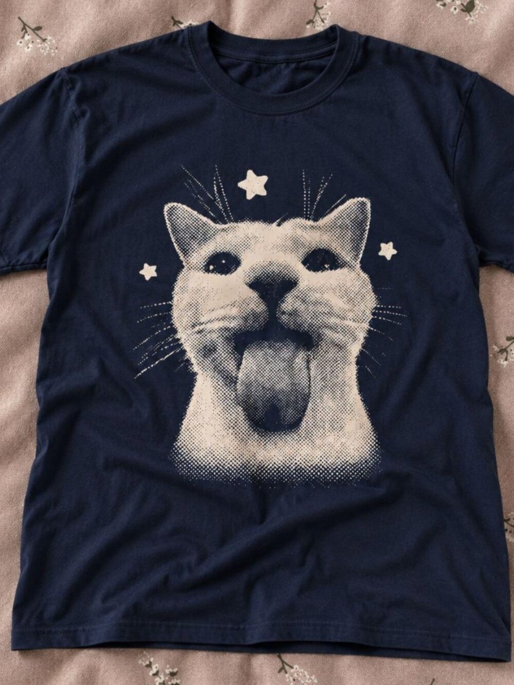 Celestial Silly Cat Graphic Tee Navy Blue Shirt